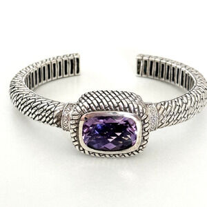 925 Sterling Silver Genuine Faceted Amethyst Cuff Bracelet